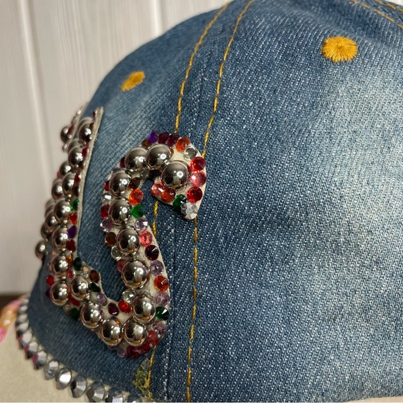 YMF Las Vegas Denim Cap Hat Bedazzled Pearls Distressed Adjustable - Picture 6 of 8